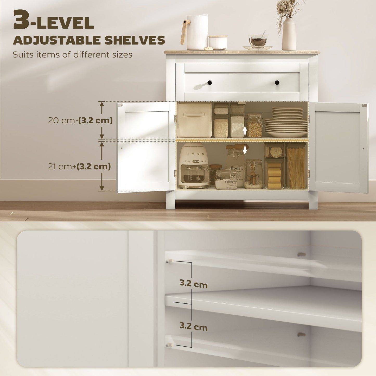 HOMCOM Sideboard Storage Cabinet, Modern Kitchen Cupboard with Adjustable Shelf, Drawer and Double Doors, Cream White