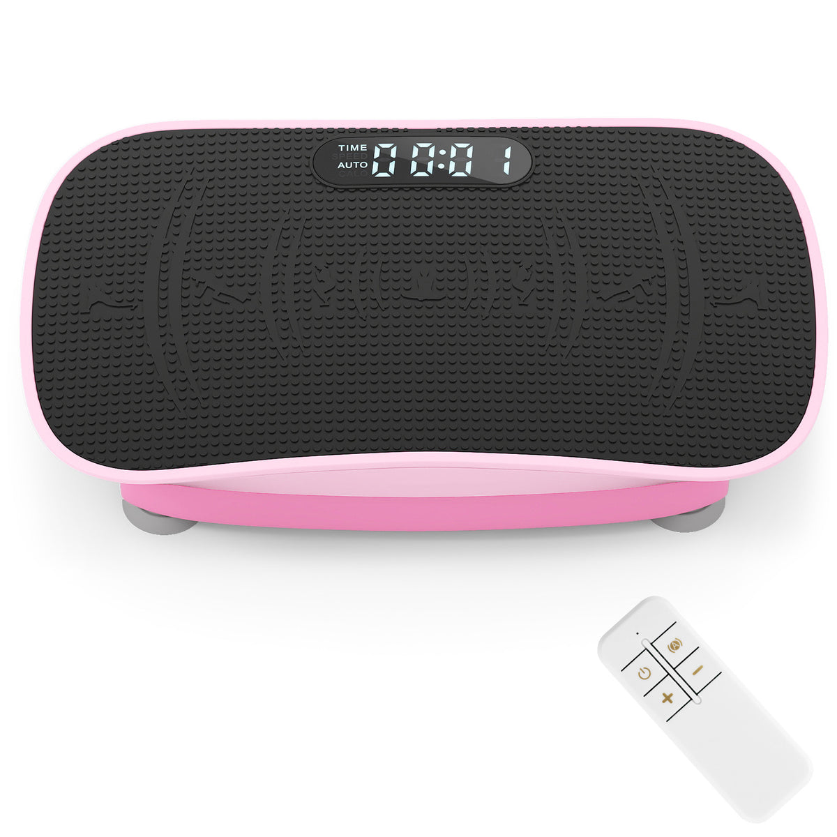 Vibration Plate Exercise Machine in pink with a black textured surface and remote control