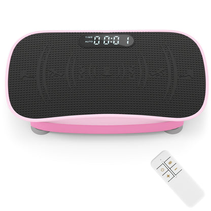 Vibration Plate Exercise Machine in pink with a black textured surface and remote control