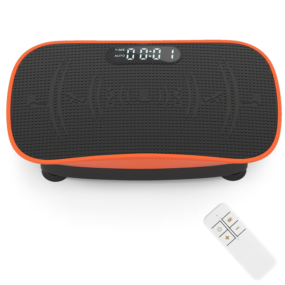 Vibration Plate Exercise Machine with orange trim and a remote control