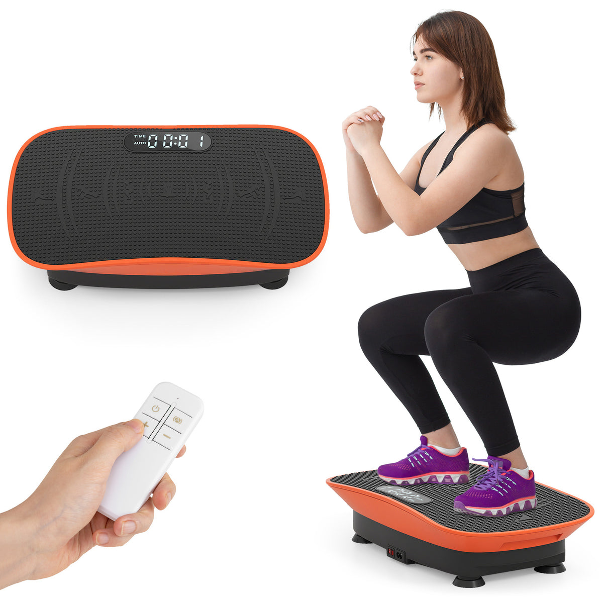 Woman doing a squat next to the orange exercise machine and a hand holding the remote