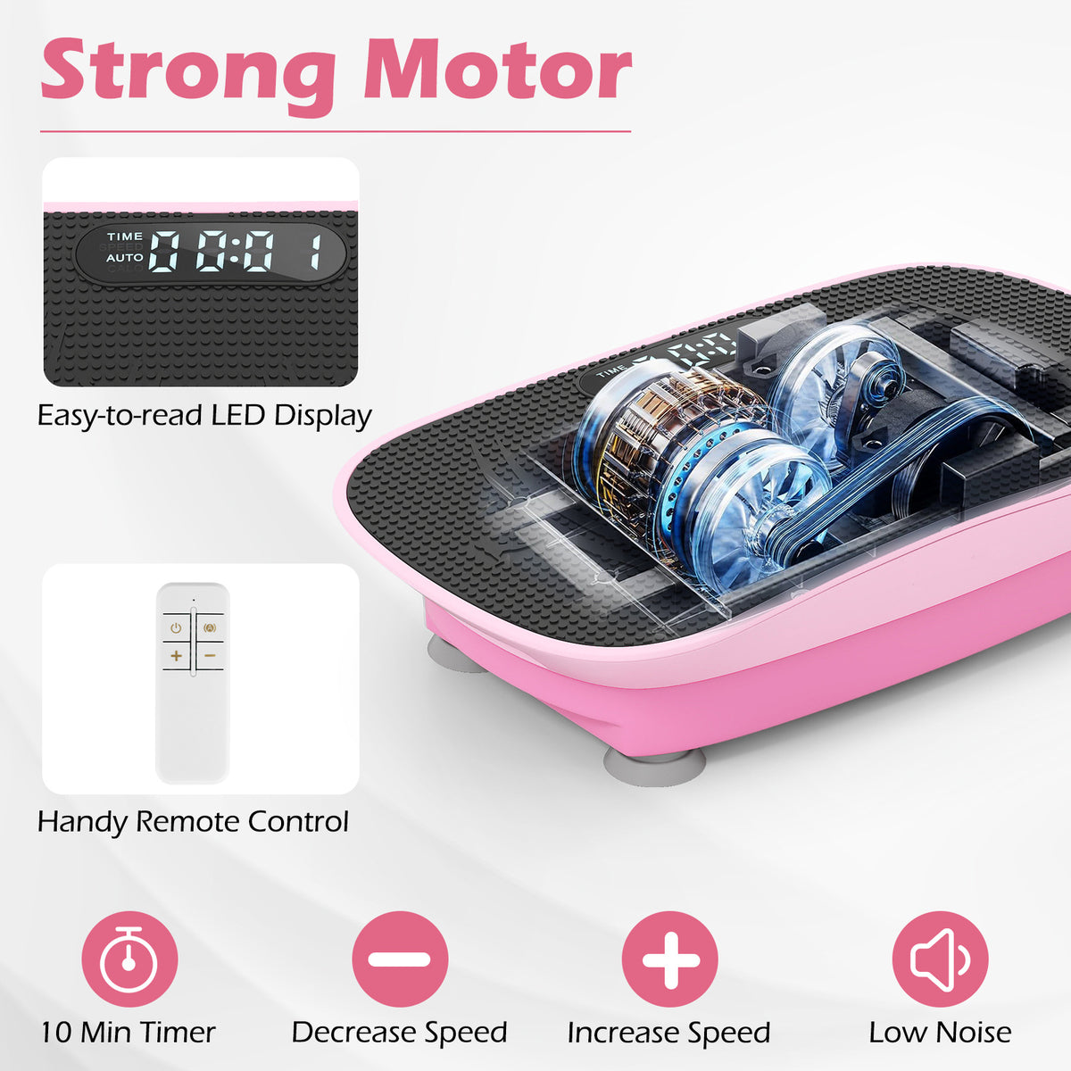 The pink exercise platform with a transparent view of the internal motor