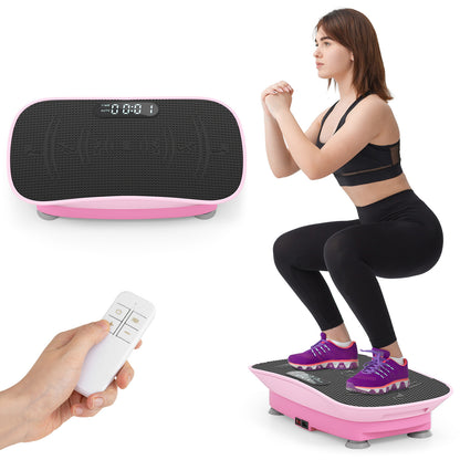 The fitness equipment shown with a person performing a squat exercise and a hand holding the remote