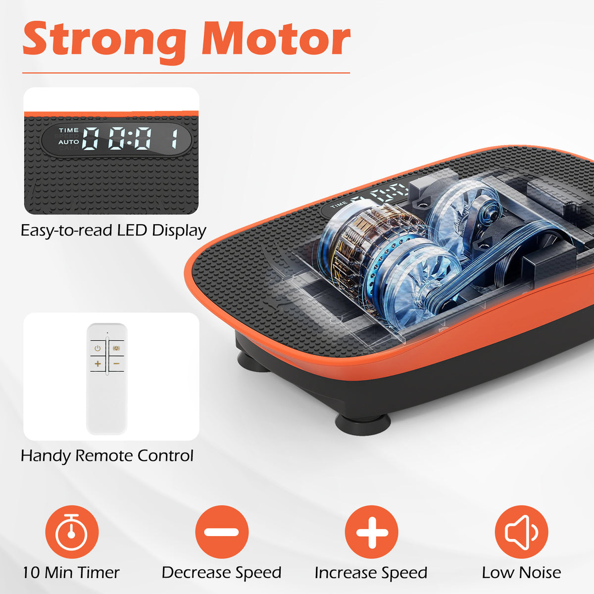 Close up of the motor and display on the orange vibration plate