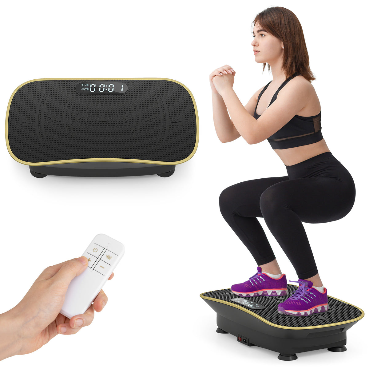 A woman doing a squat next to the exercise machine, with a hand holding the remote