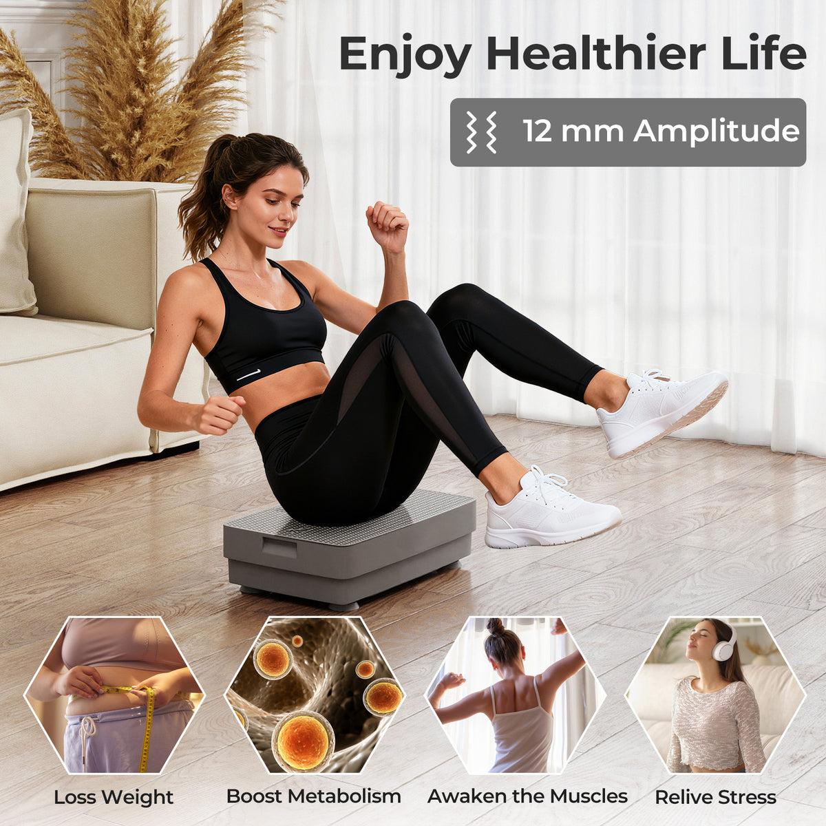 Collage showing benefits of the grey vibration plate exercise machine including weight loss and muscle awakening