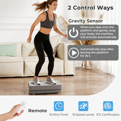 Grey vibration plate exercise machine with two control methods: gravity sensor and remote control