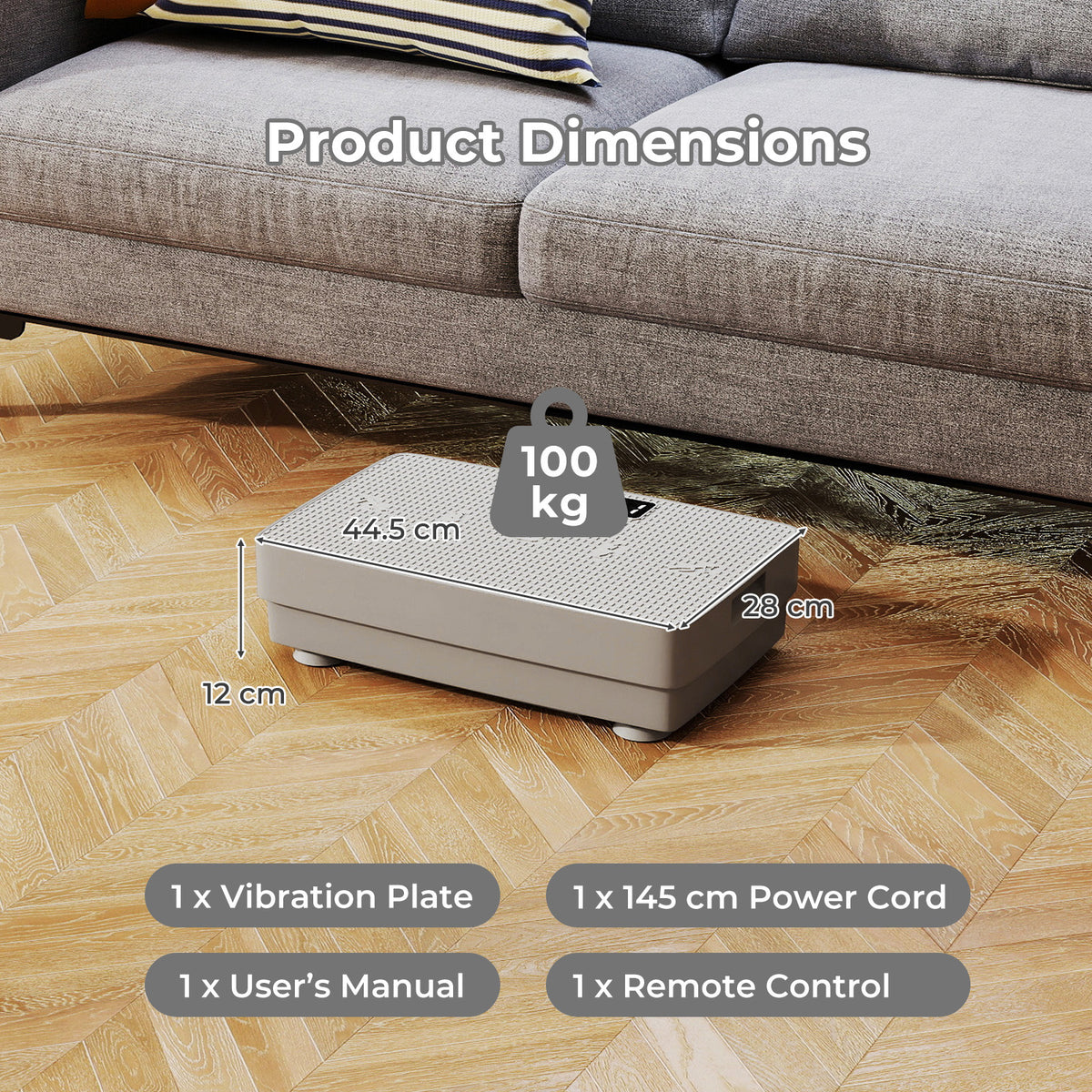 Grey vibration plate exercise machine with product dimensions and included accessories shown