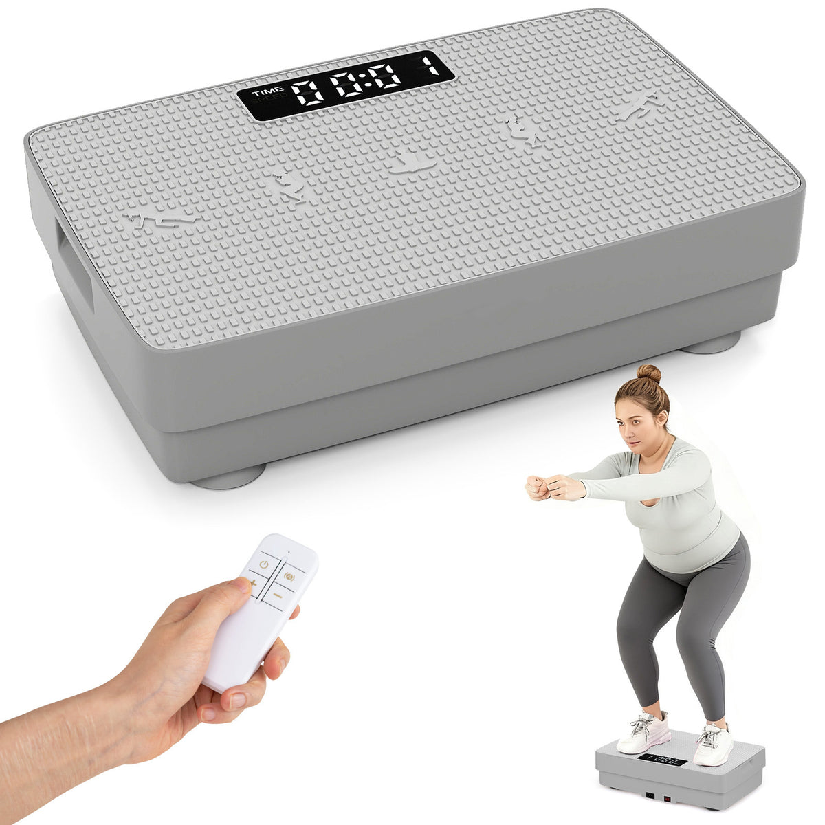 A woman performs a squatting exercise on the grey vibration plate exercise machine, with a remote control held in hand