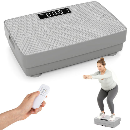 A woman performs a squatting exercise on the grey vibration plate exercise machine, with a remote control held in hand