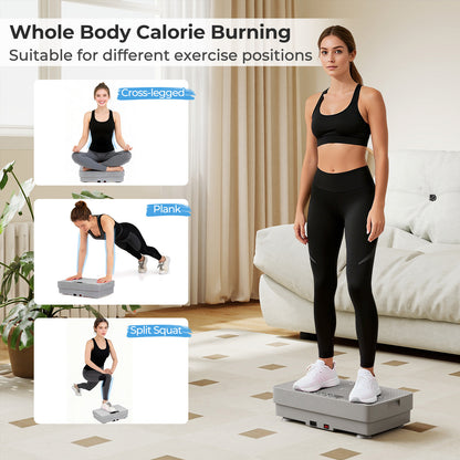 Collage showing different exercise positions on the grey vibration plate exercise machine for whole body calorie burning