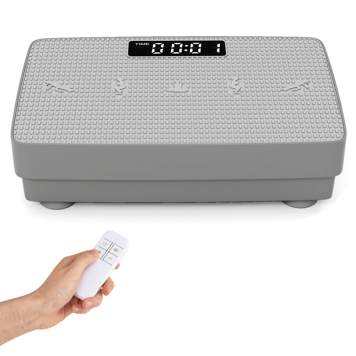 Vibration Plate Exercise Machine with gravity sensor and remote control in grey, shown with a remote control in hand