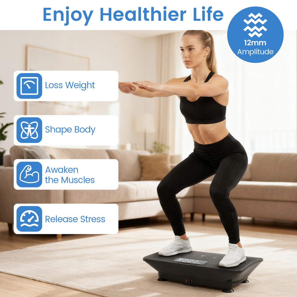 The exercise machine with a woman squatting and text boxes highlighting health benefits