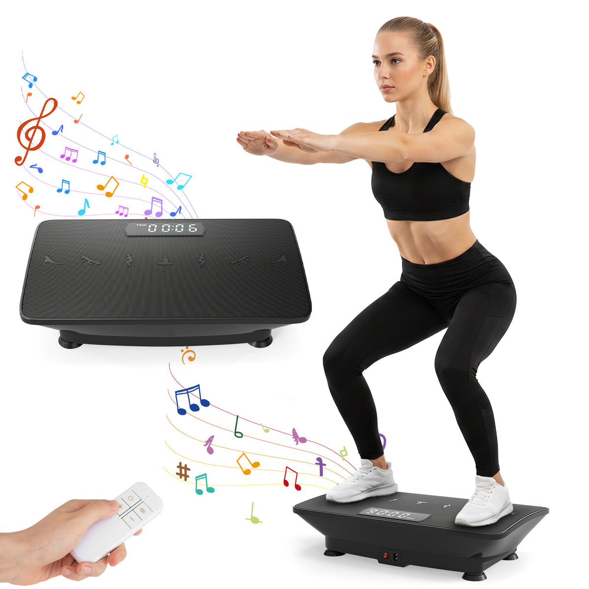 The exercise machine with a woman squatting on it and musical notes floating in the air