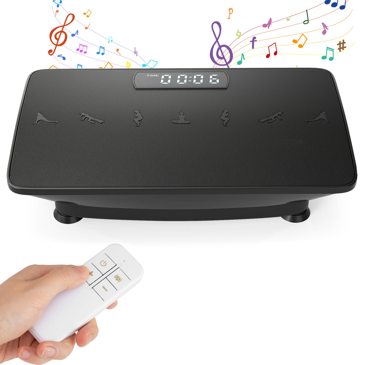 Vibration Plate Exercise Machine with Gravity Sensor shown with a hand holding the remote control