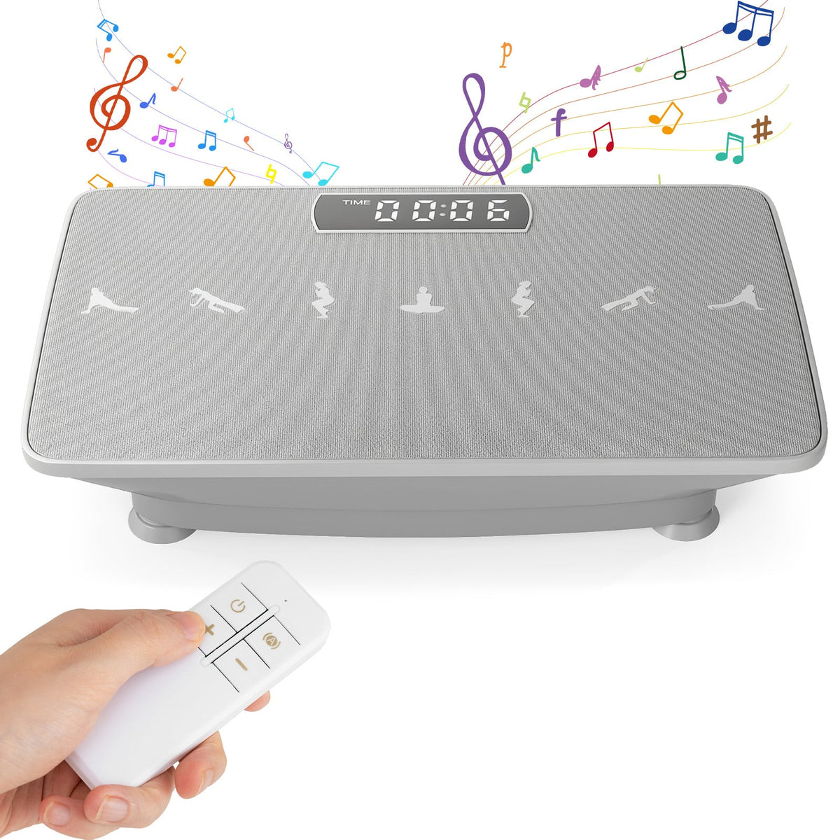 Vibration Plate Exercise Machine with Gravity Sensor, a grey machine with a remote control in a hand, music notes above