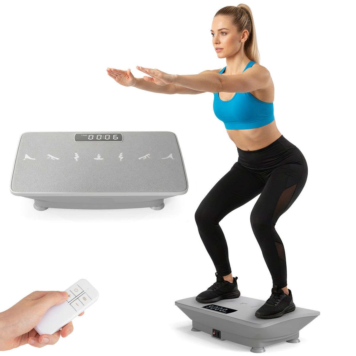 A woman performing a squat on the grey vibration plate exercise machine, with music notes floating