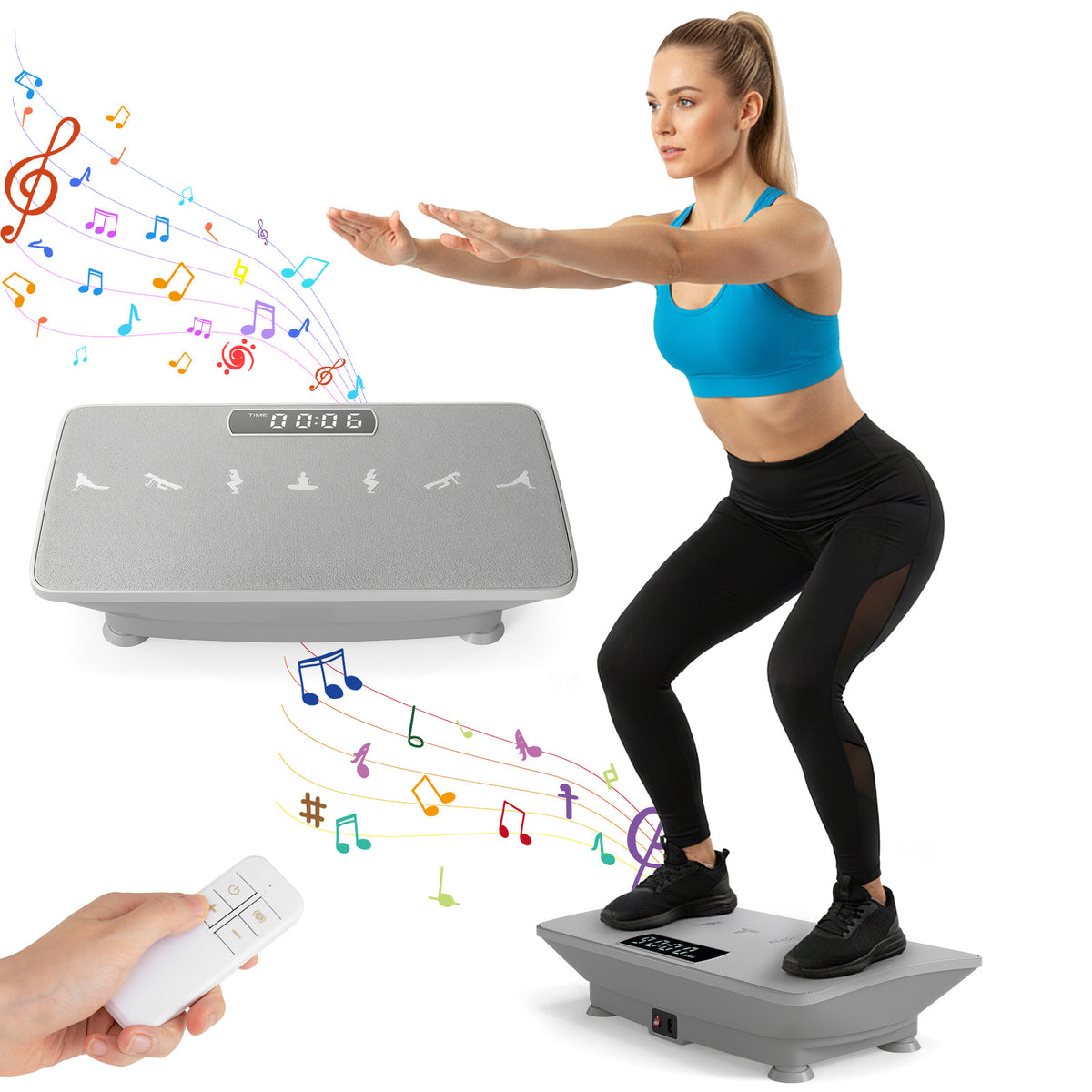 A woman exercising on the grey vibration plate machine, holding a remote control, with music notes