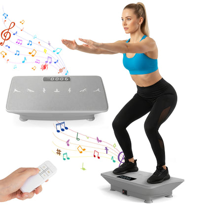 A woman exercising on the grey vibration plate machine, holding a remote control, with music notes