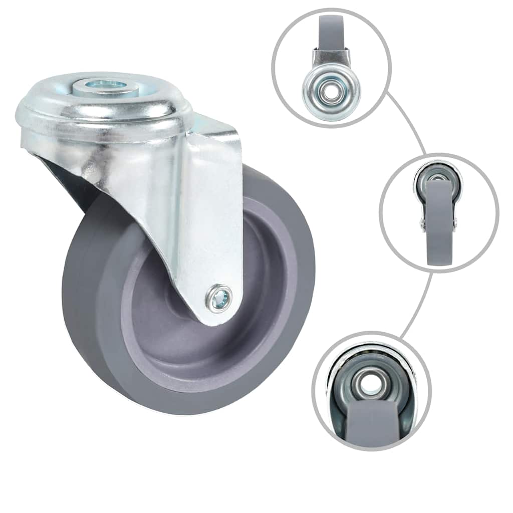 the swivel caster without a brake lever and three circular insets showing different angles