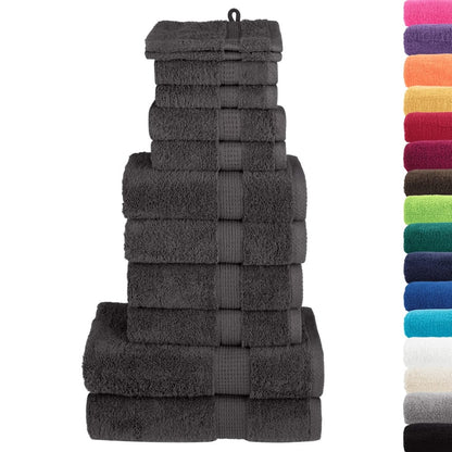 A stack of anthracite towels with a selection of other colours displayed to the right