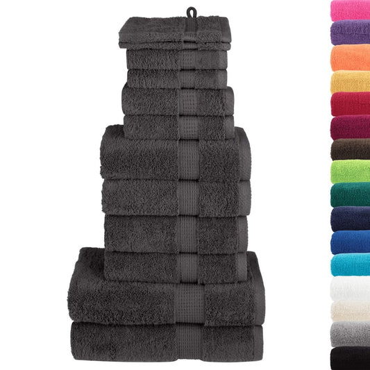 A stack of anthracite towels with a selection of other colours displayed to the right