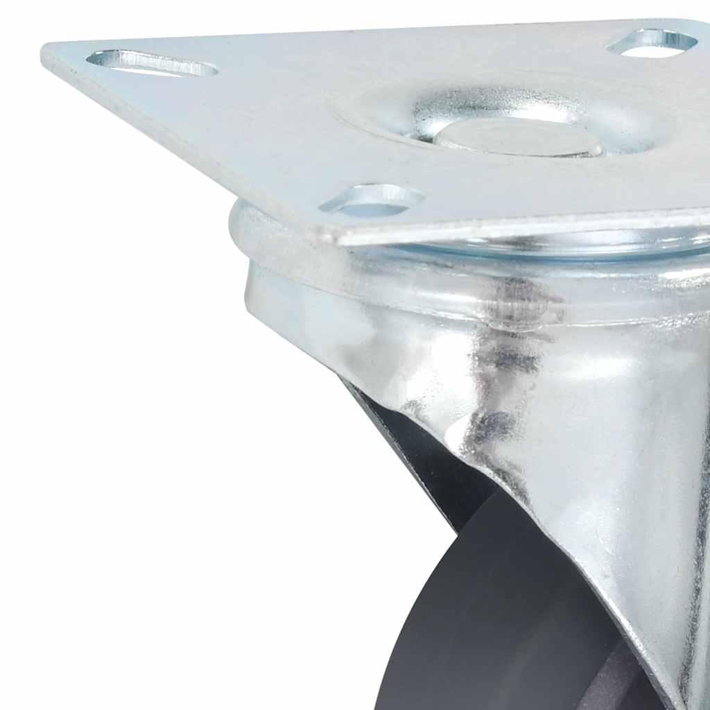Close-up of the metal top plate and swivel mechanism of a grey caster wheel