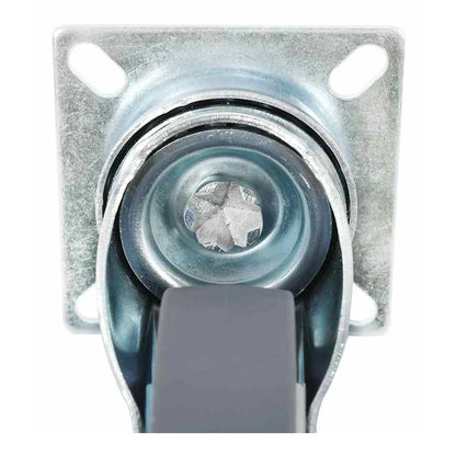 Close-up of the central screw and wheel housing of a grey caster wheel