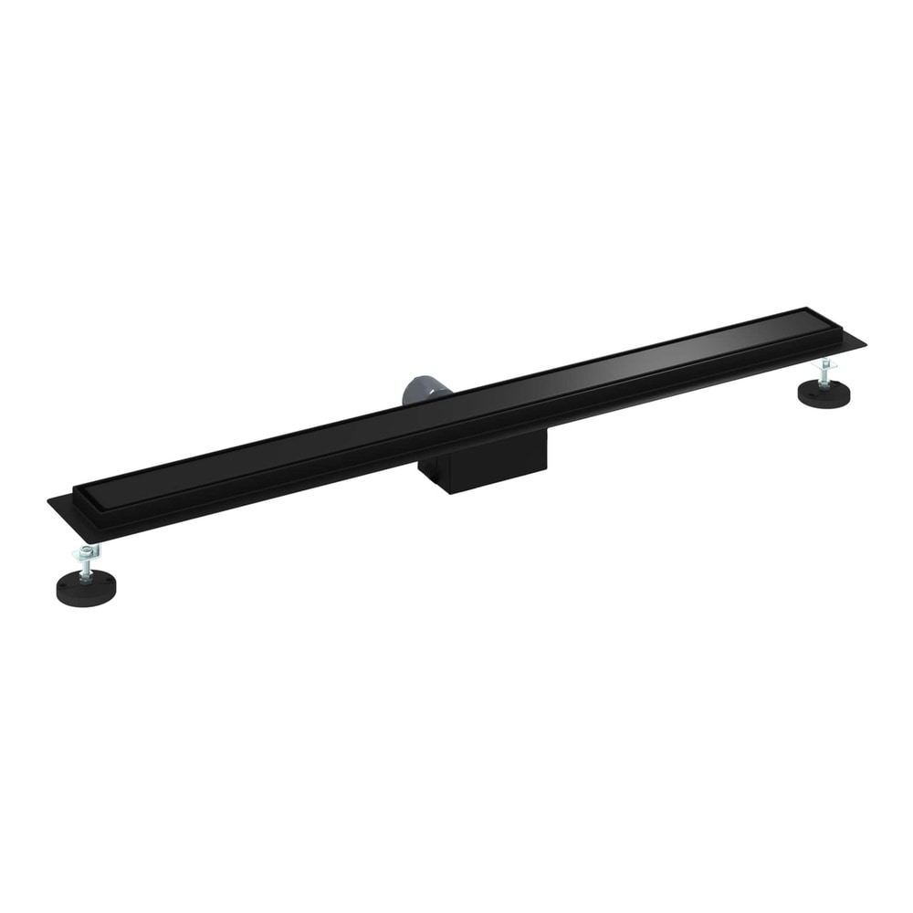 The black linear shower drain shown from a low angle with adjustable feet