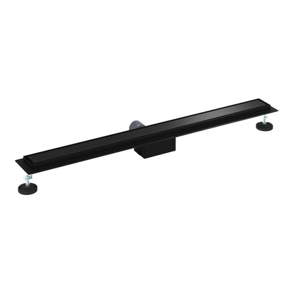 The black linear shower drain shown from a low angle with adjustable feet
