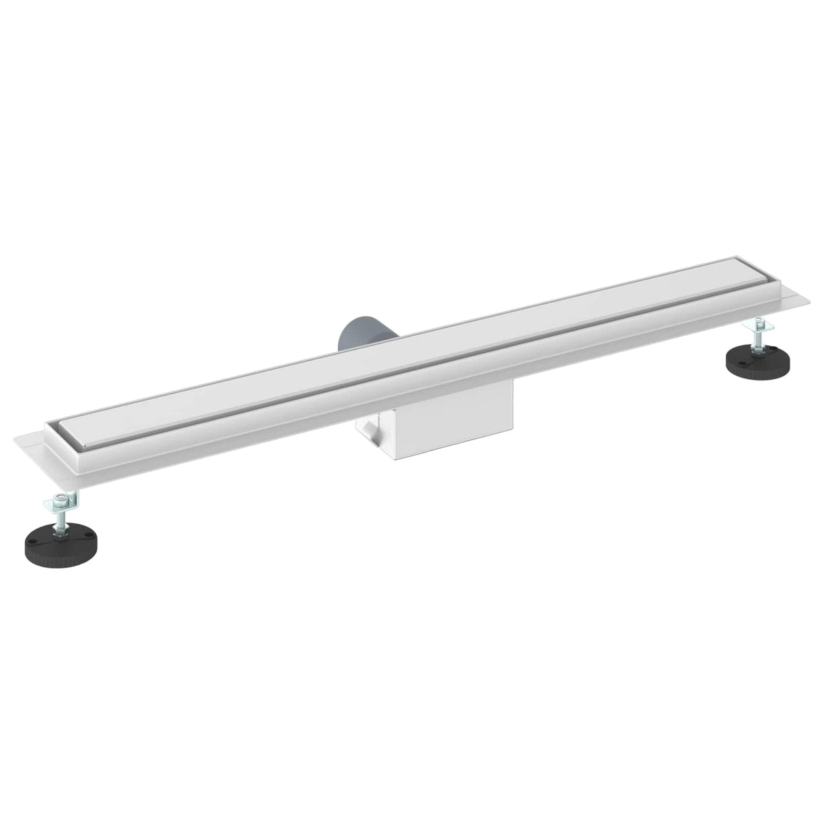 The shower drain viewed from an elevated angle showing the full length and support feet