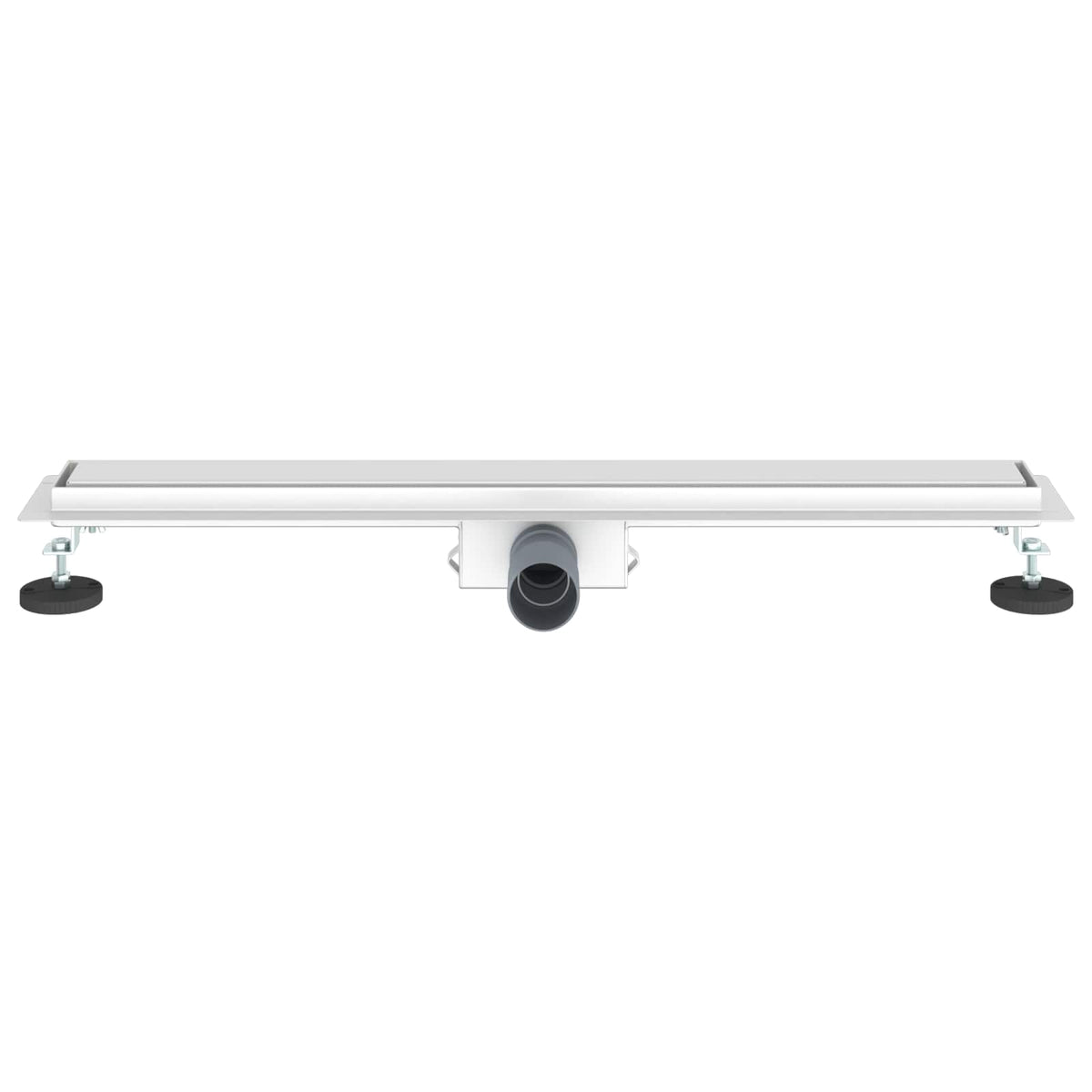 The shower drain viewed from the side showing the adjustable feet and central outlet