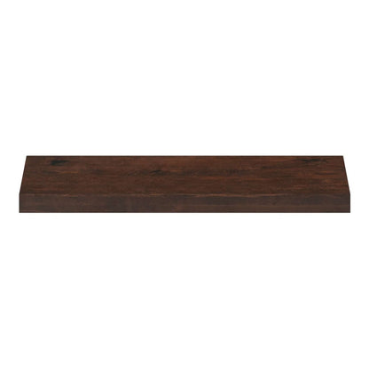 A single dark brown solid beech wood stair tread from the front