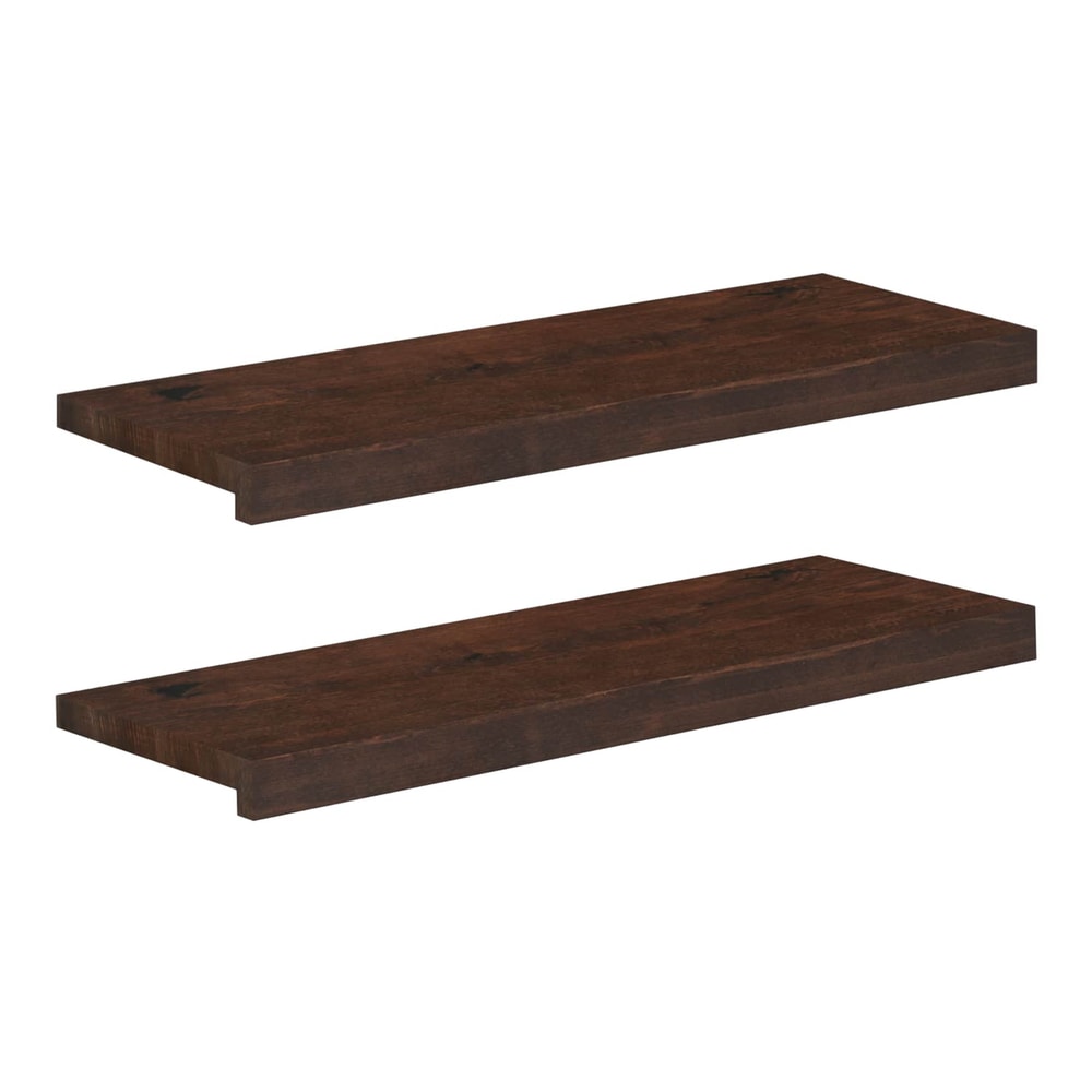 Two dark brown solid beech wood stair treads shown together
