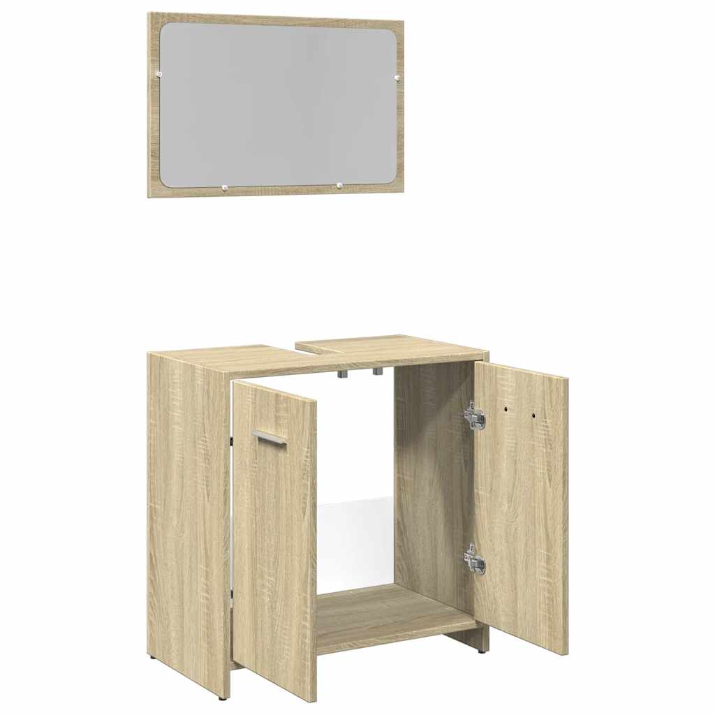 The bathroom furniture set with open doors showing storage space