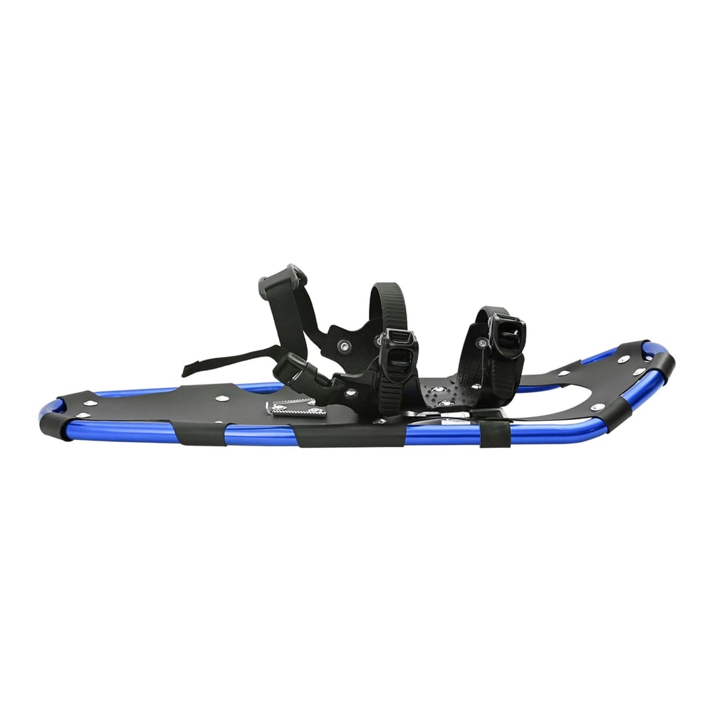 A single blue and black snowshoe with straps
