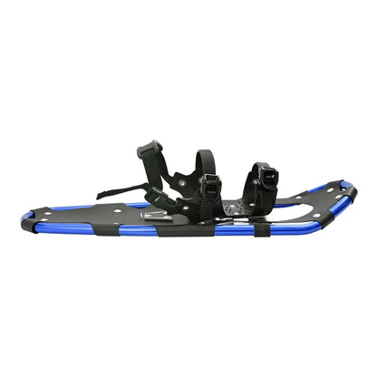 A single blue and black snowshoe with straps