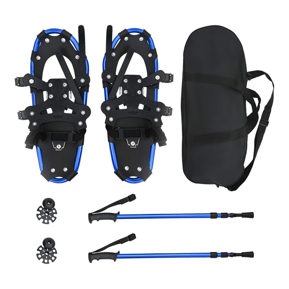 The blue and black snowshoes with poles and carry bag