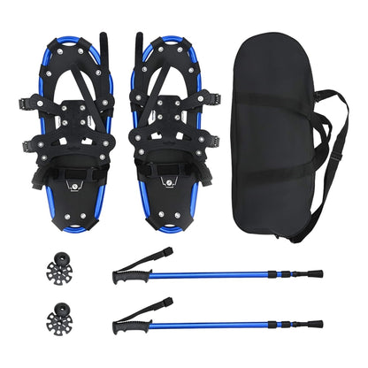 The blue and black snowshoes with poles and carry bag