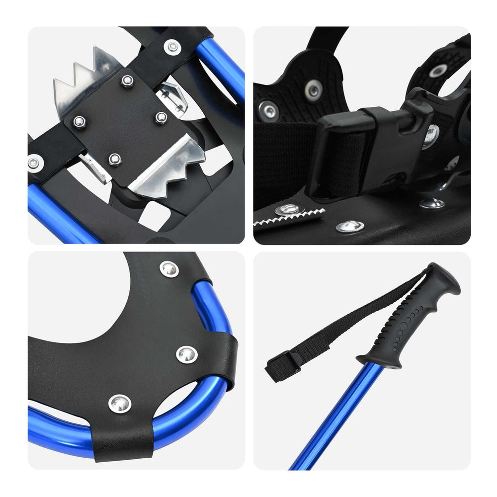 The snowshoes showing close-ups of the metal crampons, bindings, frame, and pole handle