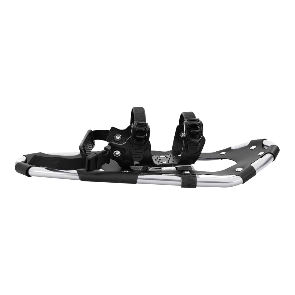 A single silver and black snowshoe with bindings