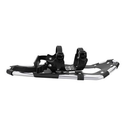 A single silver and black snowshoe with bindings