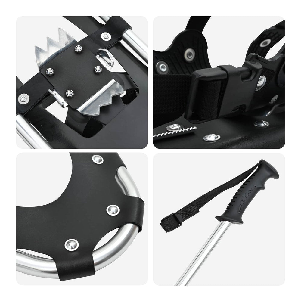 Close up details of the snowshoe bindings and metal frame