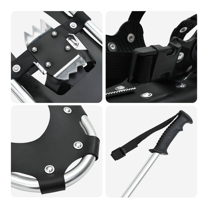 Close up details of the snowshoe bindings and metal frame
