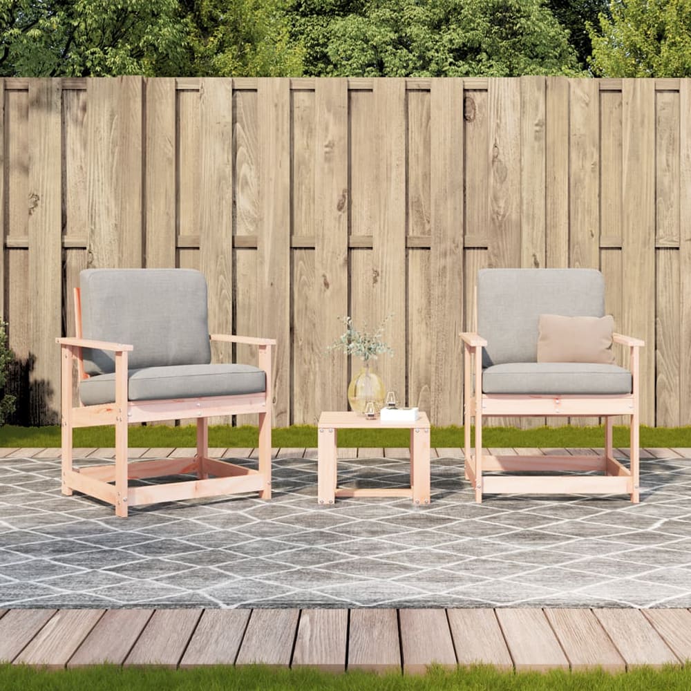 The solid wood garden lounge set with grey cushions on a patio