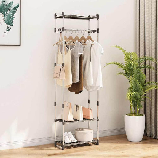 3-Tier Clothes Rack Silver standing in a bedroom with hanging clothes and bags on the shelves