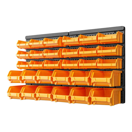 32 Piece Storage Bin Kit with yellow bins attached to black wall panels