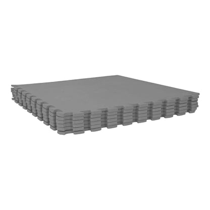 A neat stack of grey interlocking pool ground mats viewed from the side