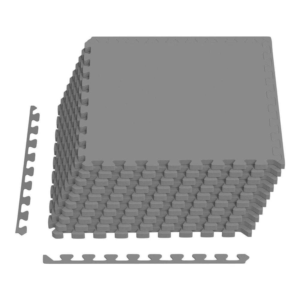 The interlocking pool ground mats are grey and stacked high with edge pieces to the side