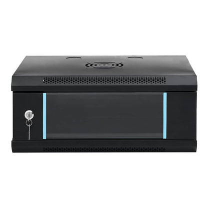 Network storage system with a closed glass door and visible ventilation slots on top